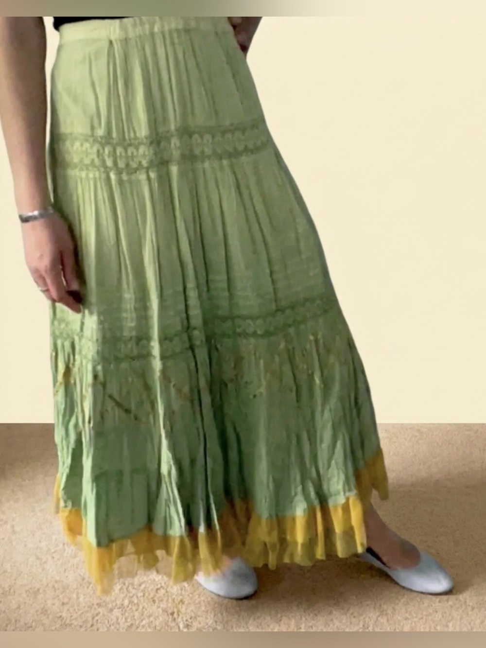 🇨🇦 Vintage Boho Maxi Skirt • Green Ombré • Crinkle Cotton Feel • Lace & Ribbon - Picture 5 of 14